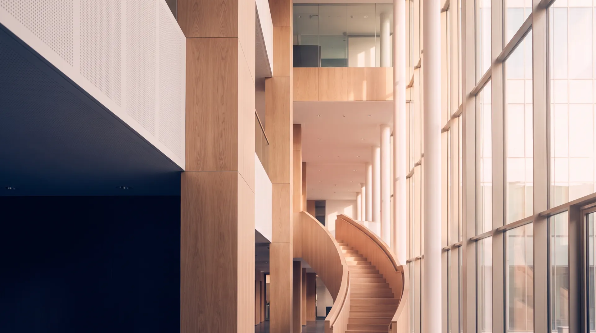 Modernes, lichtdurchflutetes Bürogebäude mit offener Treppe und Holz-Glas-Architektur — Sinnbild für organisationale Transformation und Wendepunkte.